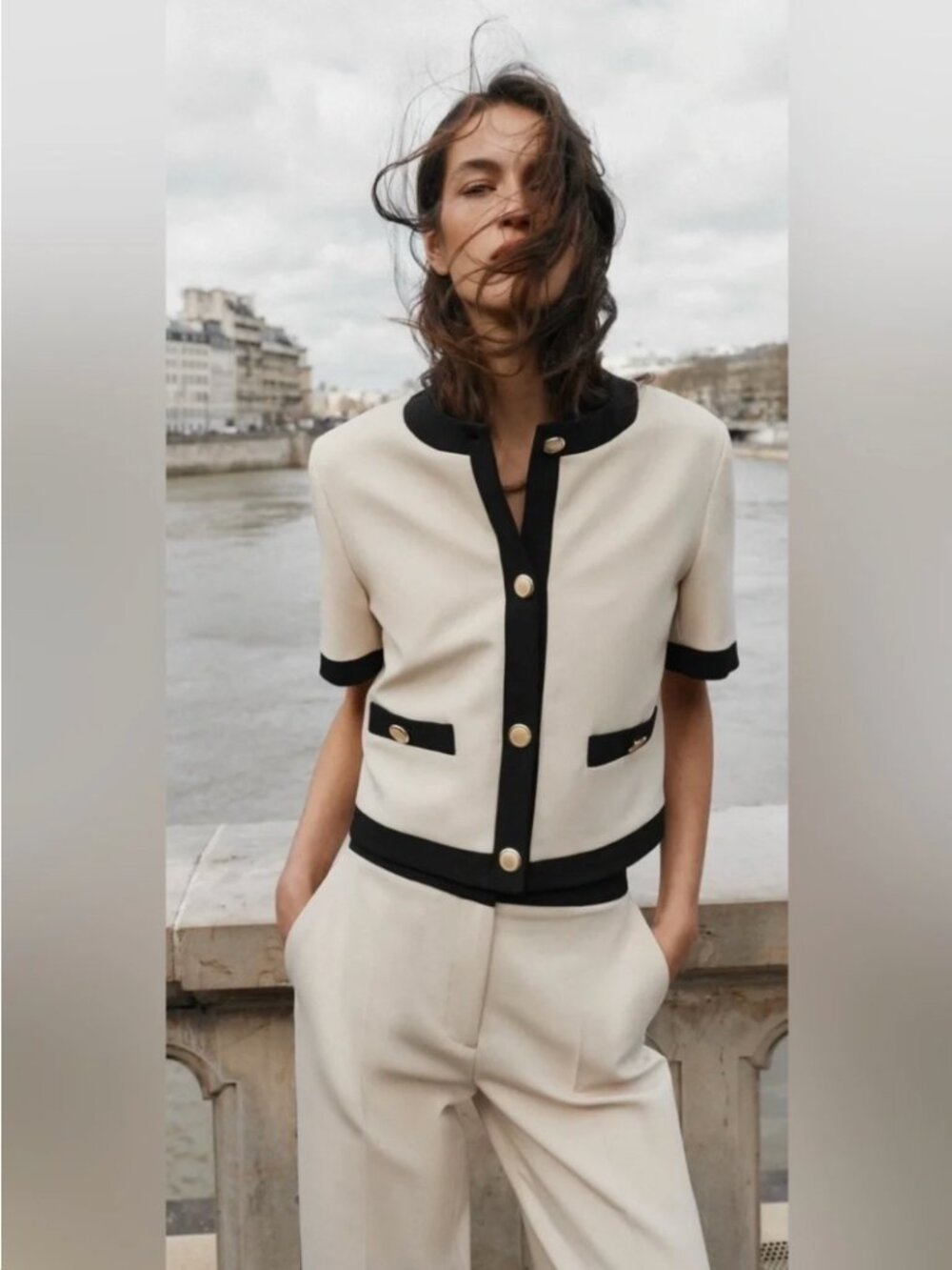 Zara Cream Black Contrast Trim Gold Button Blazer NWT